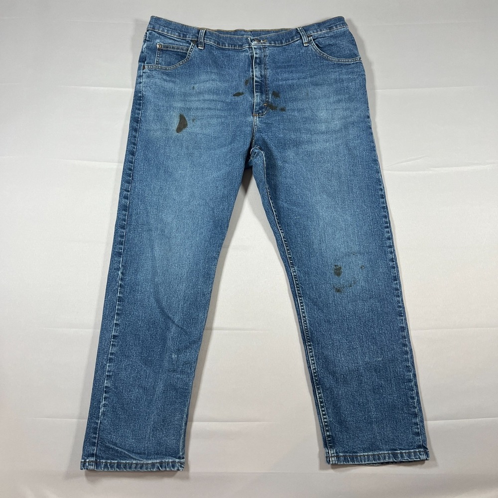 Wrangler Regular Fit Jeans Mens 42x30 Blue Denim Cotton Stretch Whiskers Detail